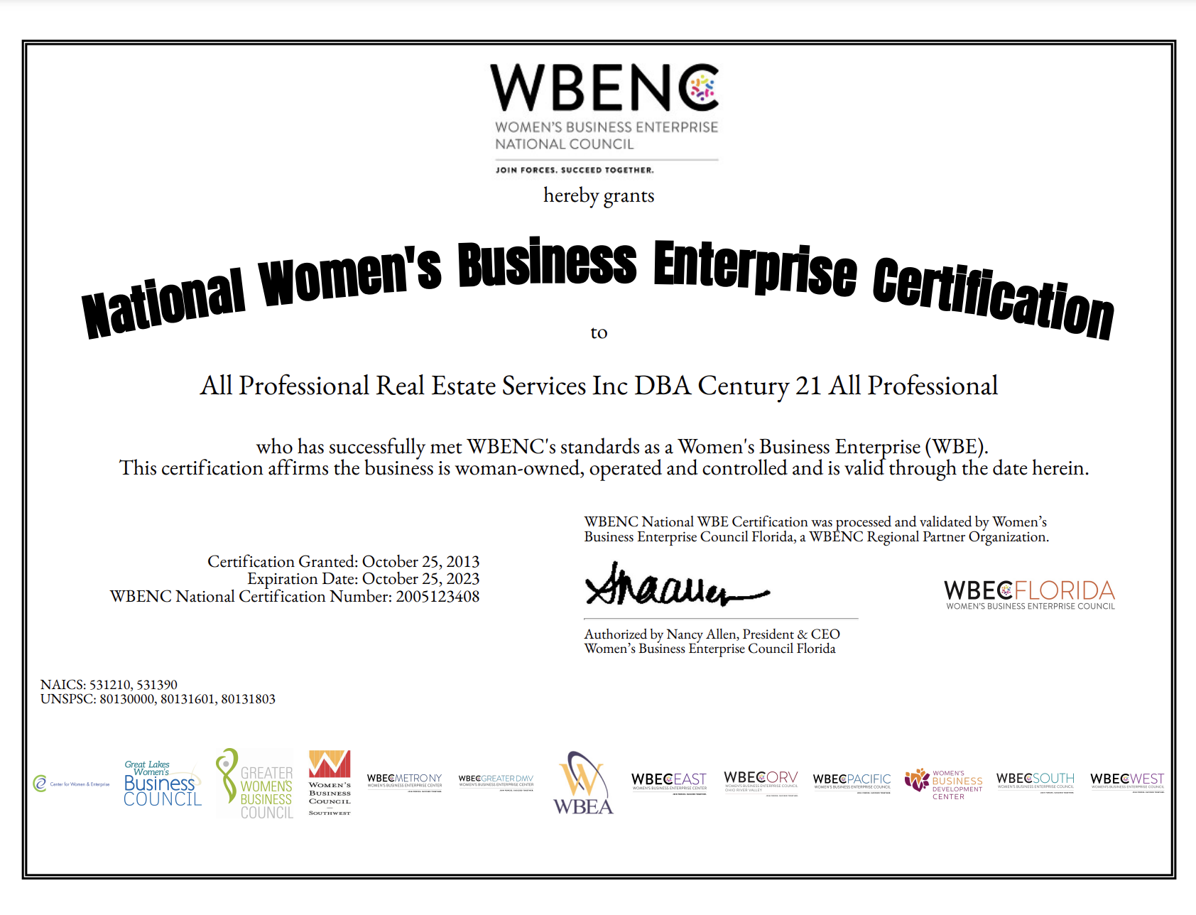 WBENC National Womens Business Enterprise Certification CENTURY 21 All Professsional St Lucie Florida